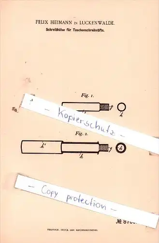 Original Patent  -  Felix Heimann in Luckenwalde , 1895 , Schreibhülse für Taschenschreibstifte !!!