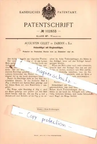 Original Patent  -  Augustin Gillet in Zabern i. Els. , 1897 , Holzschlägel mit Ringbeschlägen !!!