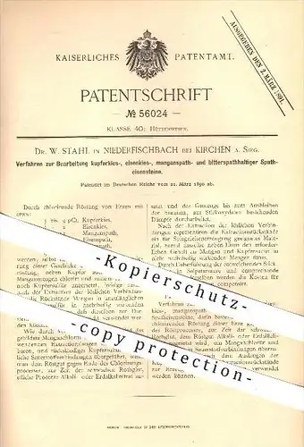 original Patent - Dr. W. Stahl , Niederfischbach , Kirchen , 1890 , Bearbeitung von Spatheisensteinen , kupfer , eisen !