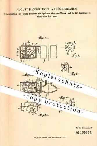 original Patent - A. Bröggelhoff , Gelsenkirchen , 1901 , Fahrradschloss , Fahrrad , Fahrräder , Speichen , Schloss !!