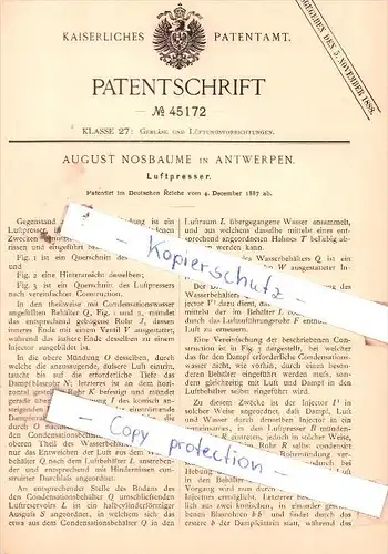 Original Patent  - August Nosbaume in Antwerpen , 1887 , Luftpresser !!!