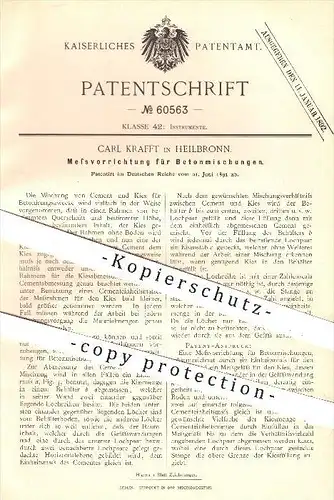 original Patent - Carl Krafft in Heilbronn , 1891 , Messvorrichtung für Betonmischungen , Beton , Zement , Kies , Maurer