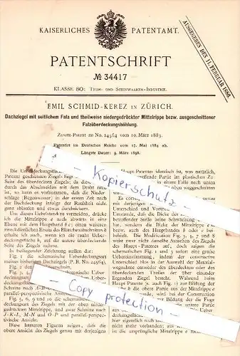 Original Patent  -   Emil Schmid - Kerez in Zürich , 1884 , Dachziegel mit Falz , Dachdecker , Dach !!!
