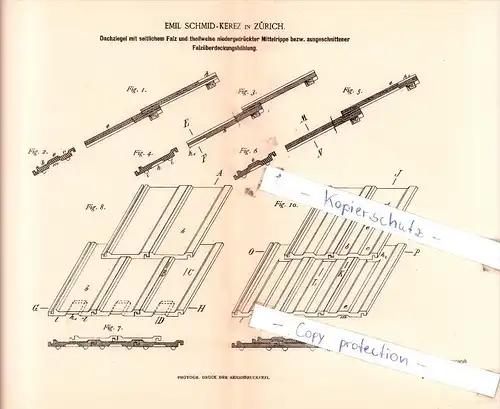 Original Patent  -   Emil Schmid - Kerez in Zürich , 1884 , Dachziegel mit Falz , Dachdecker , Dach !!!