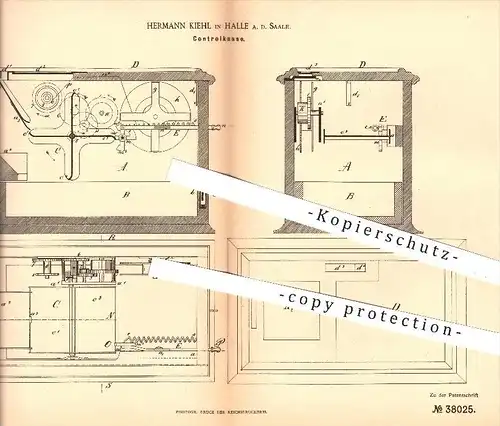 original Patent - Herm. Kiehl , Halle / Saale , 1886 , Kontrollkasse , Kasse , Kassen , Kassierer , Verkaufen , Geschäft