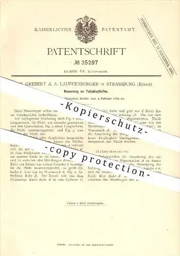 original Patent - M. Grebert & A. Lauffenburger in Strassburg , Elsass , 1883 , Tabak - Pfeifen , Pfeife , Rauchen !!!