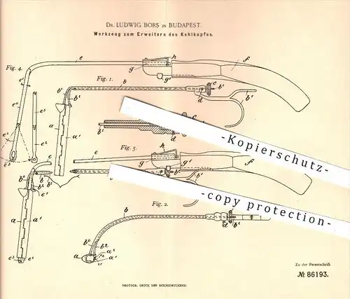 original Patent - Dr. Ludwig Bors in Budapest , 1895 , Werkzeug zum Erweitern vom Kehlkopf , Medizin , Arzt , Ärzte !!!
