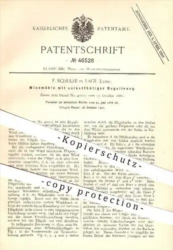 original Patent - F. Schulze , Lage , 1888 , Windmühle mit selbsttätiger Regulierung , Mühle , Mühlen , Windkraft , Wind