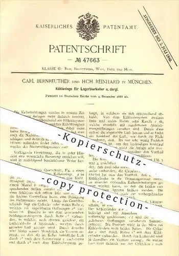 original Patent - Carl Bernreuther , HCH. Reinhard , München , 1888 , Kühlanlage für Lagerbierkeller , Bier , Kühlung !!