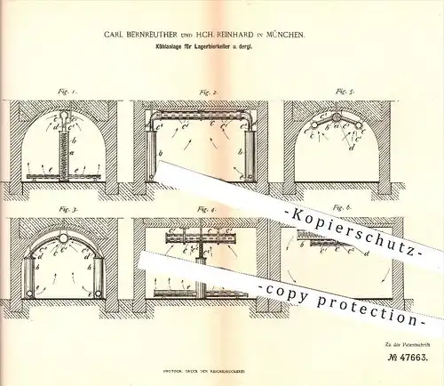 original Patent - Carl Bernreuther , HCH. Reinhard , München , 1888 , Kühlanlage für Lagerbierkeller , Bier , Kühlung !!