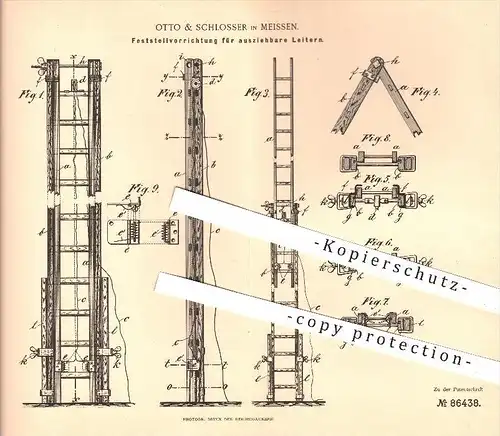original Patent - Otto & Schlosser in Meissen , 1895 , Feststellvorrichtung für ausziehbare Leitern , Leiter , Feuerwehr