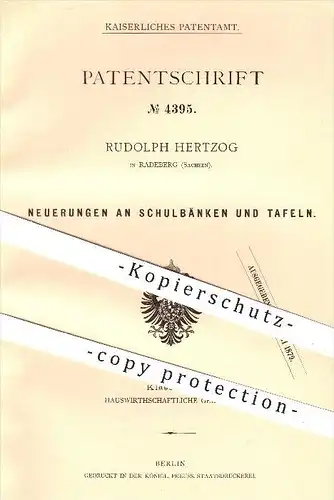 original Patent - R. Hertzog , Radeberg , 1878 , Schulbänke , Tafeln , Schultafel , Tafel , Schulbank , Schule , Möbel !