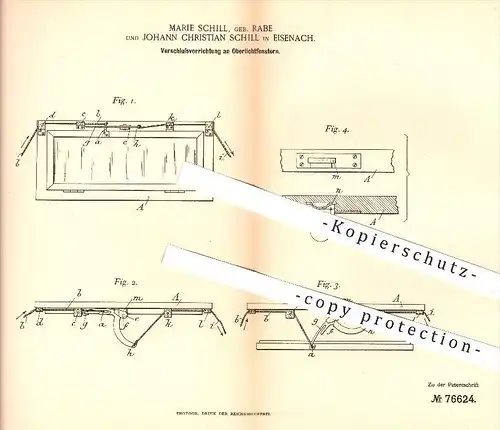 original Patent - Marie & J. Ch. Schill , Eisenach , 1893 , Verschluss an Oberlichtfenster , Fenster , Fensterbau !!!