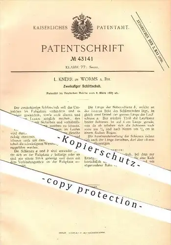 original Patent - L. Knerr in Worms , 1887 , Zweikufiger Schlittschuh , Schlittschuhe , Kufen , Schuhe , Sport !!!