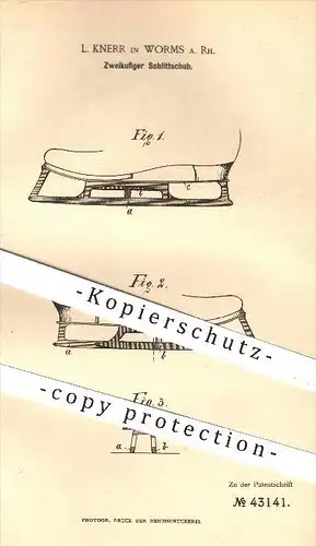 original Patent - L. Knerr in Worms , 1887 , Zweikufiger Schlittschuh , Schlittschuhe , Kufen , Schuhe , Sport !!!