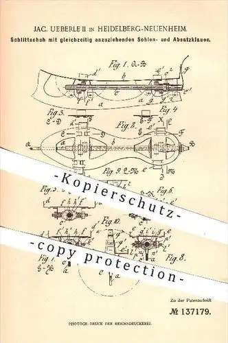 original Patent - Jac. Ueberle II , Heidelberg - Neuenheim , 1902 , Schlittschuh , Schlittschuhe , Schuhe , Sport !!!