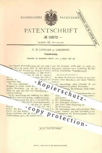 original Patent - O. M. Lossner in Chemnitz , 1881 , Telemikroskop , Mikroskop , Teleskop , Fernrohr , Instrumente !!