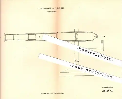 original Patent - O. M. Lossner in Chemnitz , 1881 , Telemikroskop , Mikroskop , Teleskop , Fernrohr , Instrumente !!