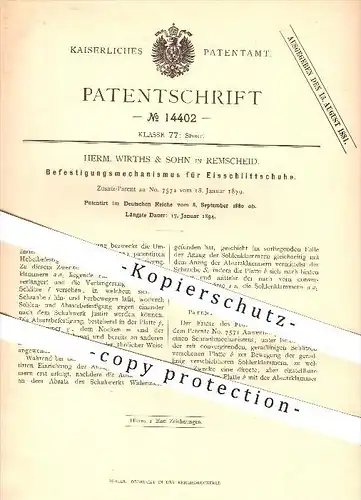 original Patent - H. Wirths & Sohn , Remscheid , 1880 , Befestigung am Eisschlittschuh , Schlittschuhe , Schuhe , Sport