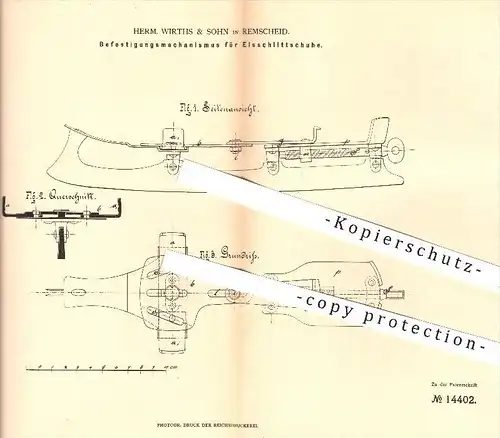 original Patent - H. Wirths & Sohn , Remscheid , 1880 , Befestigung am Eisschlittschuh , Schlittschuhe , Schuhe , Sport