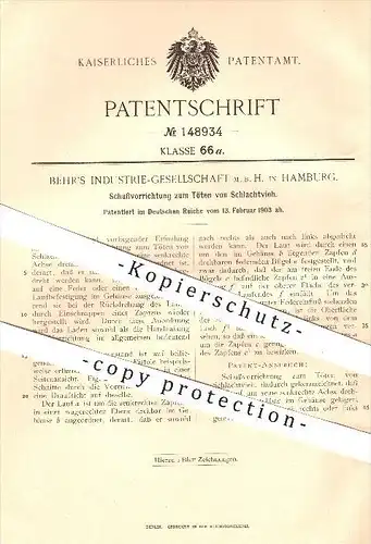 original Patent - Behr's Industrie GmbH in Hamburg , 1903 , Schussvorrichtung zum Töten von Schlachtvieh , Schlachter !