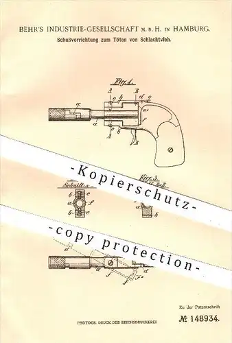 original Patent - Behr's Industrie GmbH in Hamburg , 1903 , Schussvorrichtung zum Töten von Schlachtvieh , Schlachter !