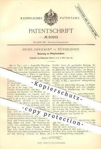 original Patent - H. Ehrhardt , Düsseldorf , 1891 , Pfropfenzieher , Korkenzieher , Korken , Kork , Wein , Weinflasche