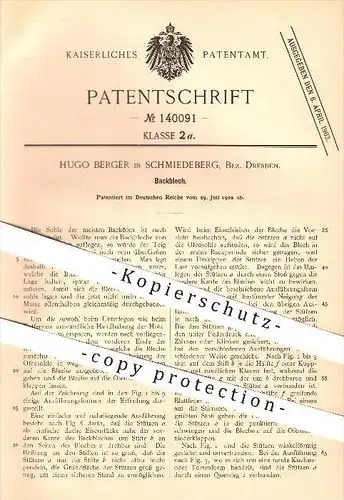 original Patent - Hugo Berger , Schmiedeberg , Dresden , 1902 , Backblech , Backofen , Ofen , Öfen , Backen , Bäcker !!!
