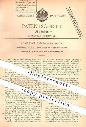 original Patent - A. Engelbrecht , Bayreuth , 1905 , Auslösung für Plättwerkzeuge an Bügelmaschinen , Bügeln , Plätten