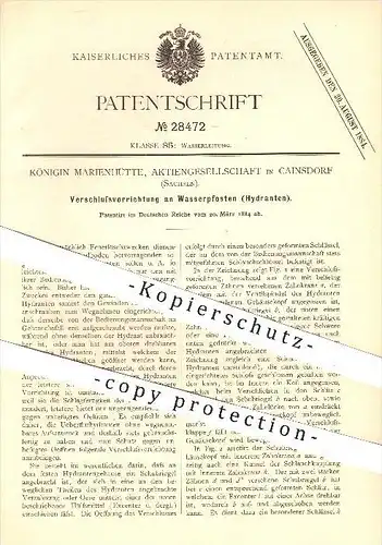 original Patent - Königin Marienhütte AG , Cainsdorf , 1884 , Verschluss am Wasserpfosten , Hydrant , Hydranten , Wasser