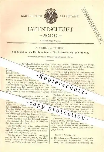 original Patent - A. Siedle in Triberg , 1882 , Kettenräder für Schwarzwald - Uhren , Uhr , Uhrwerk , Uhrmacher , Ketten
