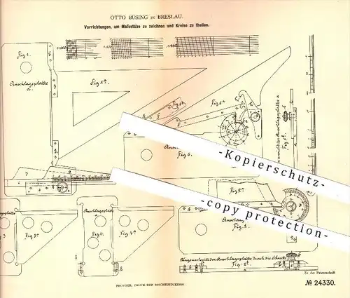 original Patent - Otto Büsing in Breslau , 1883 , Maßstab zeichnen , Kreise teilen , Geometrie , Zeichner , Zeichnungen