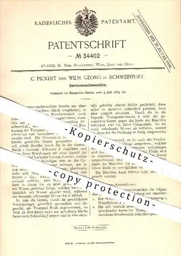 original Patent - C. Pickert , W. Georg , Schweinfurt , 1885 , Waschmaschine für Gerste , Bier , Brauerei , Waschen !!!