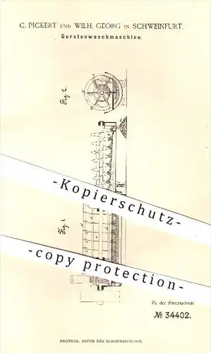 original Patent - C. Pickert , W. Georg , Schweinfurt , 1885 , Waschmaschine für Gerste , Bier , Brauerei , Waschen !!!