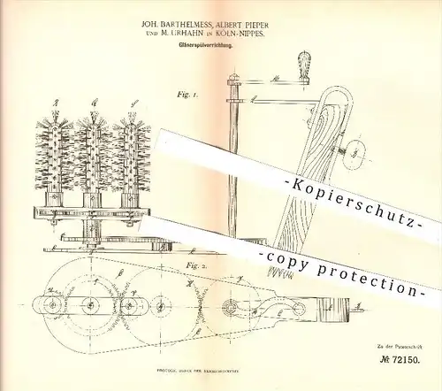 original Patent - Joh. Barthelmess , Albert Pieper , M. Urhahn , Köln - Nippes , 1893 , Gläser - Spülvorrichtung , Glas
