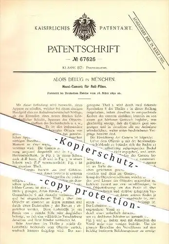 original Patent - A. Delug , München , 1892 , Kamera für Roll - Film , Fotoapparat , Foto , Fotograf , Fotografie !!