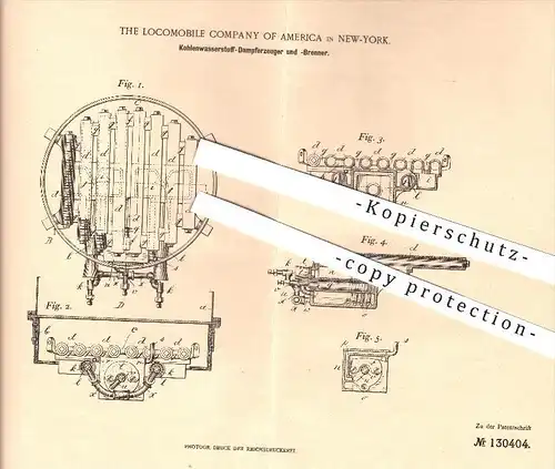 original Patent - Locomobile Company of America , New York , USA , 1901 , Kohlenwasserstoff - Dampferzeuger u. - Brenner