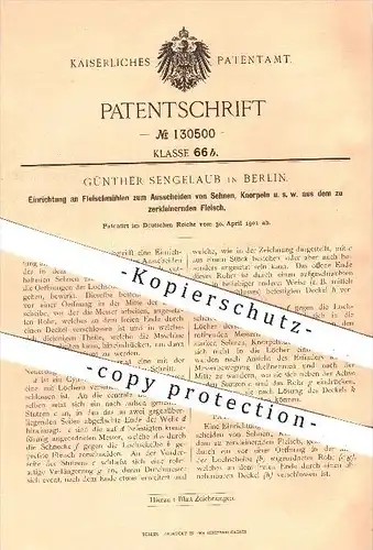 original Patent - G. Sengelaub , Berlin , 1901 , Fleisch - Mühle mit Ausscheidung von Sehnen , Knorpel , Fleischwolf