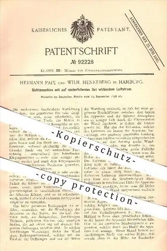 original Patent - H. Pape , W. Henneberg , Hamburg , 1896 , Sichtmaschine mit Luftstrom , Mühle , Mühlen , Mehl , Müller