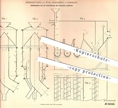 original Patent - H. Pape , W. Henneberg , Hamburg , 1896 , Sichtmaschine mit Luftstrom , Mühle , Mühlen , Mehl , Müller