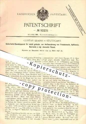 original Patent - G. Kraiss , Stuttgart , 1896 , Spundapparat für Wein - Fässer , Most , Fass , Getränke , Gastronomie !