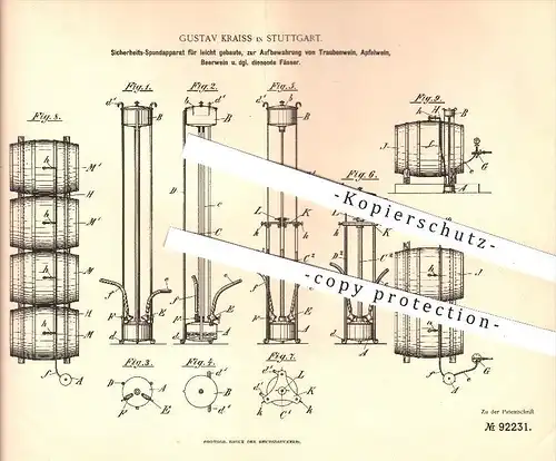 original Patent - G. Kraiss , Stuttgart , 1896 , Spundapparat für Wein - Fässer , Most , Fass , Getränke , Gastronomie !