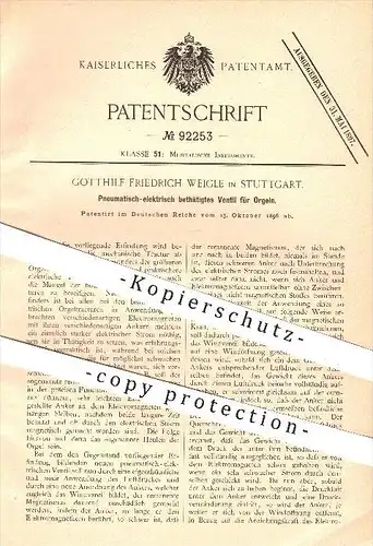 original Patent - G. Fr. Weigle , Stuttgart , 1896 , Pneumatisch-elektrisch betätigtes Ventil für Orgeln , Orgel , Musik