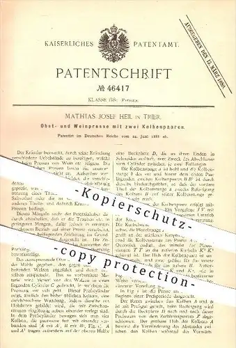 original Patent - Mathias Josef Heil in Trier , 1888 , Presse für Obst u. Wein , Pressen , Kolben , Weintrauben !!!