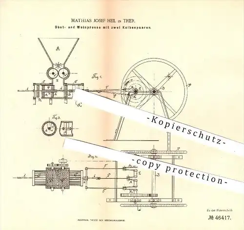 original Patent - Mathias Josef Heil in Trier , 1888 , Presse für Obst u. Wein , Pressen , Kolben , Weintrauben !!!