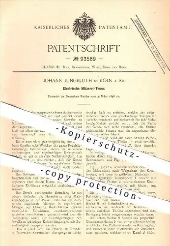 original Patent - Joh. Jungbluth , Köln / Rhein , 1896 , Elektrische Mälzerei - Tenne , Malz , Bier , Brauerei , Gerste