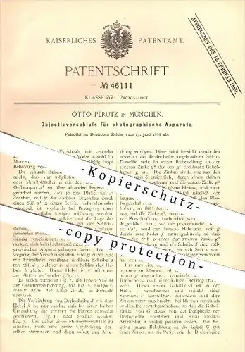original Patent - Otto Perutz , München , 1888 , Objektiv - Verschluss für Fotoapparate , Fotograf , Fotografie , Kamera