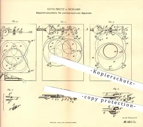 original Patent - Otto Perutz , München , 1888 , Objektiv - Verschluss für Fotoapparate , Fotograf , Fotografie , Kamera