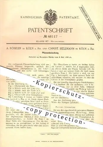 original Patent - A. Röseler , Ch. Hellmann , Köln / Rhein , 1888 , Pfannenbedachung , Dachpfannen , Dach , Dachdecker !