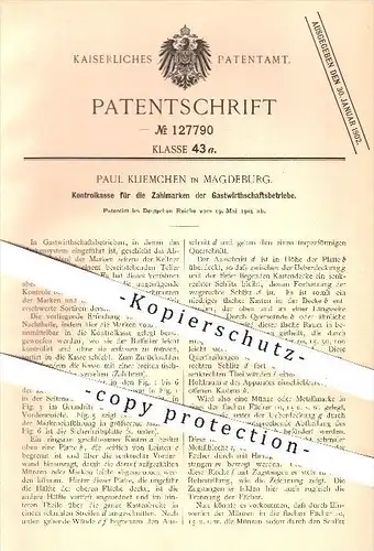 original Patent - P. Kliemchen , Magdeburg , 1901 , Kontrollkasse für Gastronomie , Kasse , Kassen , Kellner , Zahlmarke